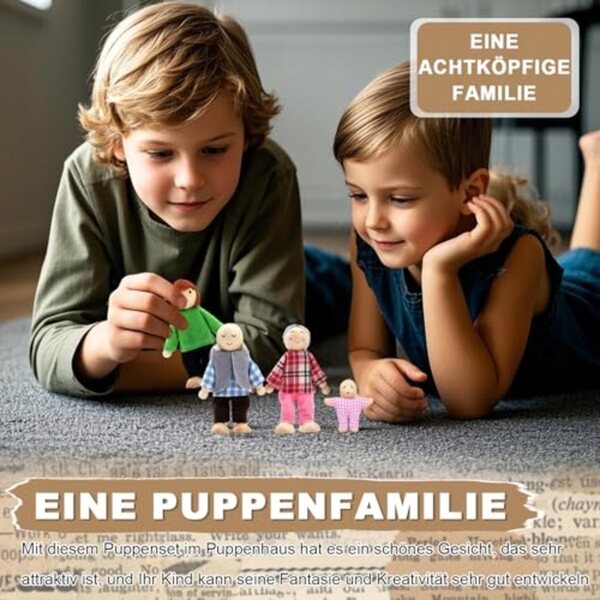Familienset für Puppenhaus aus Holz mit beweglichen Figuren und Zubehör