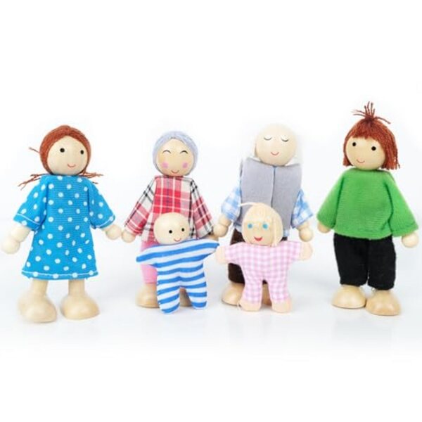 Familienset für Puppenhaus aus Holz mit beweglichen Figuren und Zubehör