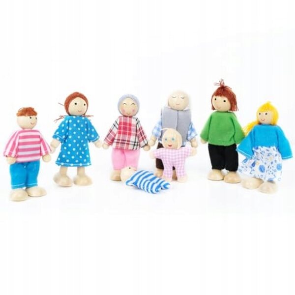 Familienset für Puppenhaus aus Holz mit beweglichen Figuren und Zubehör