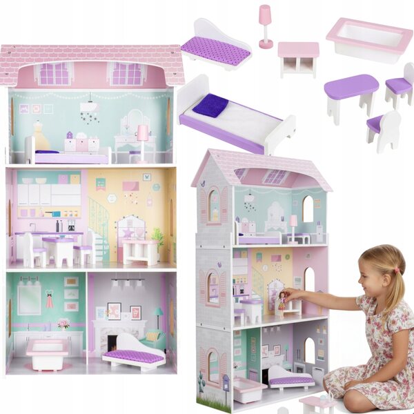 Casa delle bambole in legno Tojsy Rezydencja Jagodowa 95 cm con mobili 3 livelli