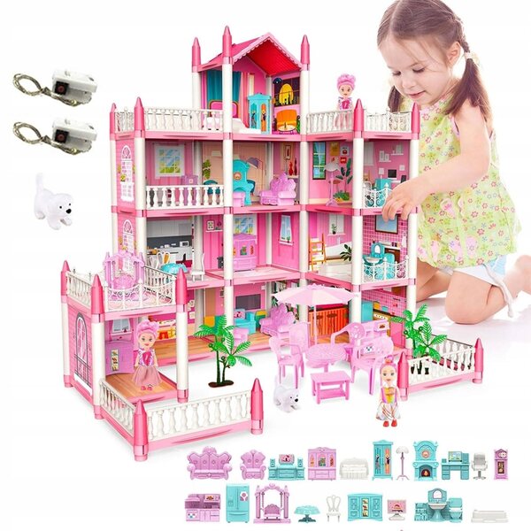 4-stöckiges Puppenhaus mit 11 Zimmern und 2 Terrassen, Kreativspiel für Mädchen