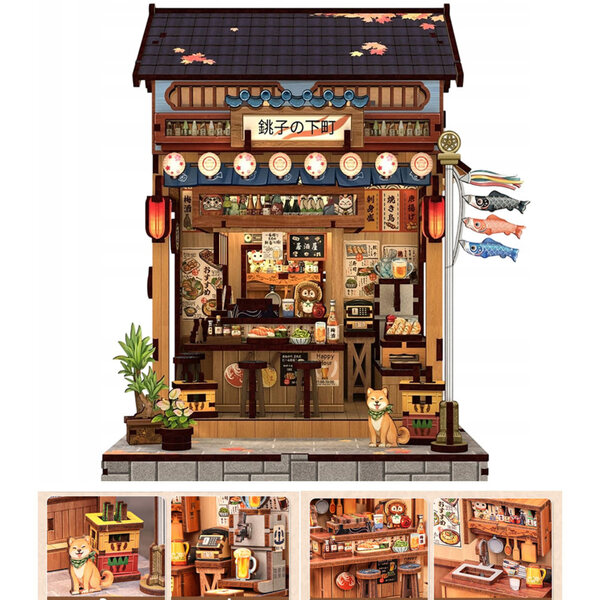 Japanisches Miniatur-3D-Holzhaus mit LEDs und roten Izakaya-Laternen