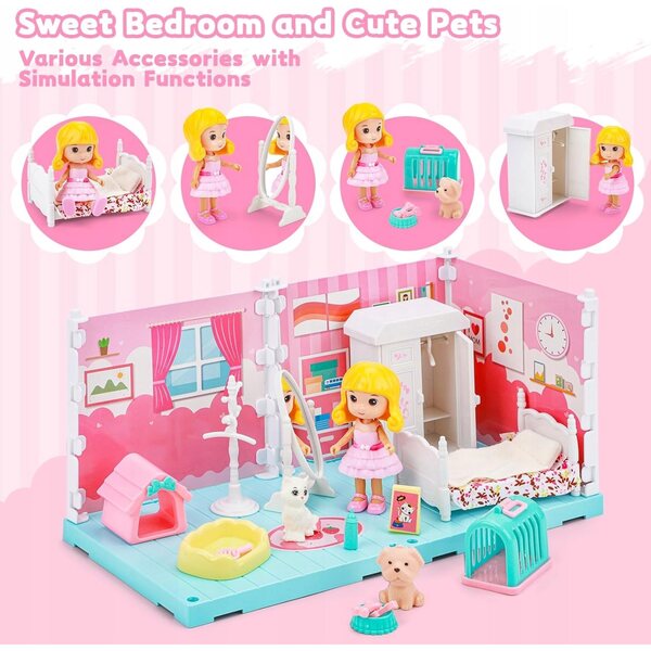 3-in-1-Puppenhaus mit 3 Zimmern, Puppen, Möbeln und Zubehör für Kinder
