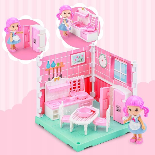 3-in-1-Puppenhaus mit 3 Zimmern, Puppen, Möbeln und Zubehör für Kinder