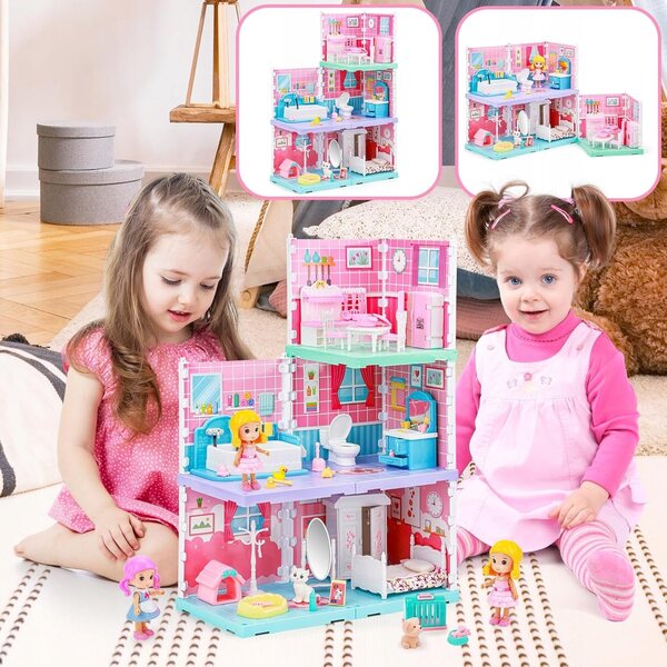 3-in-1-Puppenhaus mit 3 Zimmern, Puppen, Möbeln und Zubehör für Kinder