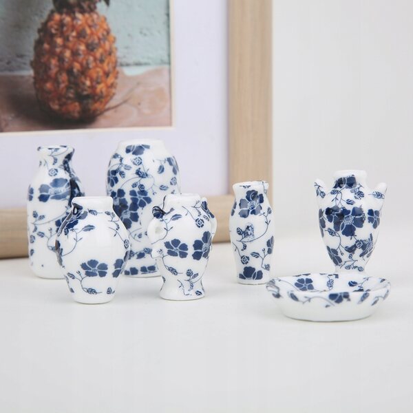 1:12 Mini-Keramikvase für Puppenhaus, blaue und weiße Dekoration H0