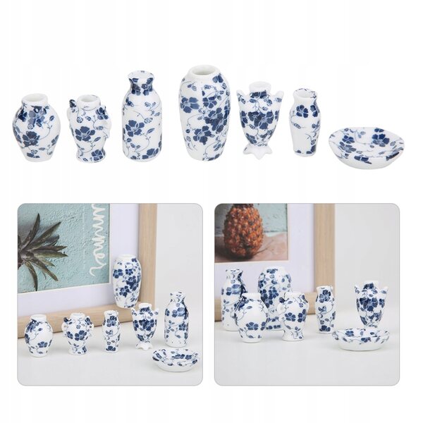 1:12 Mini-Keramikvase für Puppenhaus, blaue und weiße Dekoration H0