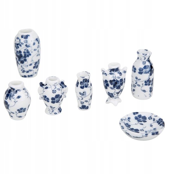1:12 Mini-Keramikvase für Puppenhaus, blaue und weiße Dekoration H0