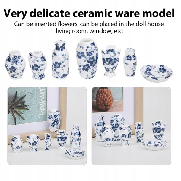 1:12 Mini-Keramikvase für Puppenhaus, blaue und weiße Dekoration H0