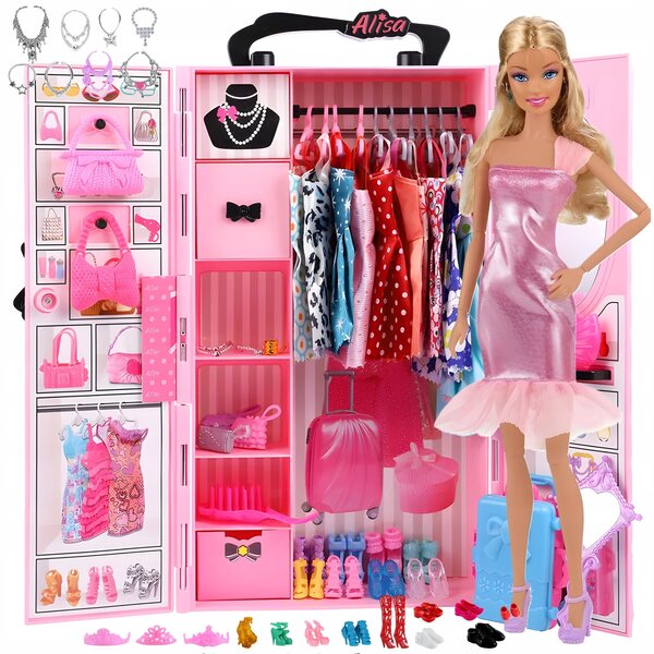 Ein Puppenschrank mit Kleiderschrank und Accessoires + eine KOSTENLOSE 30-cm-Puppe