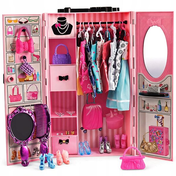 Ein Puppenschrank mit Kleiderschrank und Accessoires + eine KOSTENLOSE 30-cm-Puppe