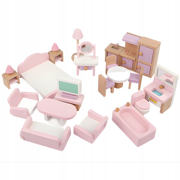 RECREO Buntes Holzmöbel-Set für Puppenhäuser, 19-teilig