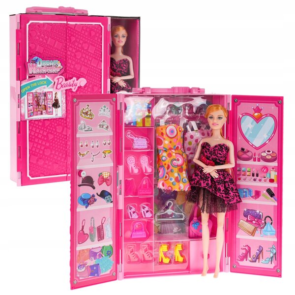 set Bambola con Armadio per Bambini con Vestiti, Accessori e Armadio Portatile