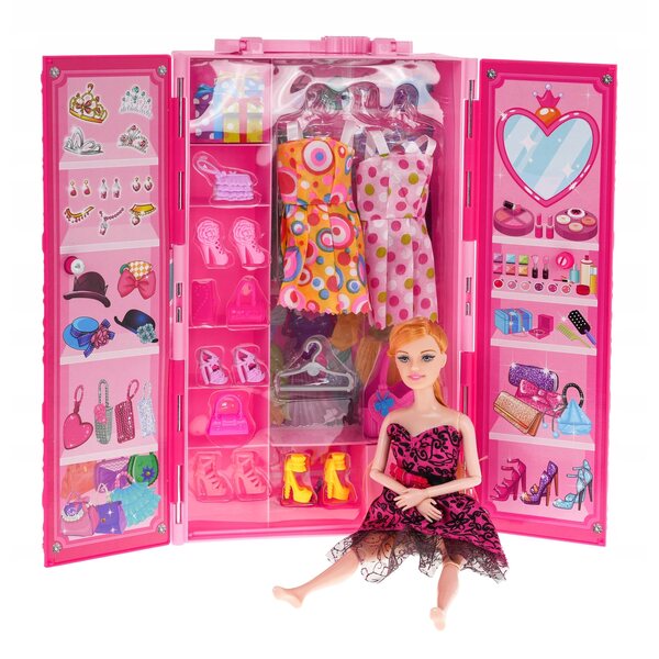 set Bambola con Armadio per Bambini con Vestiti, Accessori e Armadio Portatile