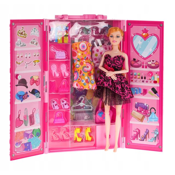 set Bambola con Armadio per Bambini con Vestiti, Accessori e Armadio Portatile