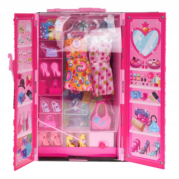 set Bambola con Armadio per Bambini con Vestiti, Accessori e Armadio Portatile