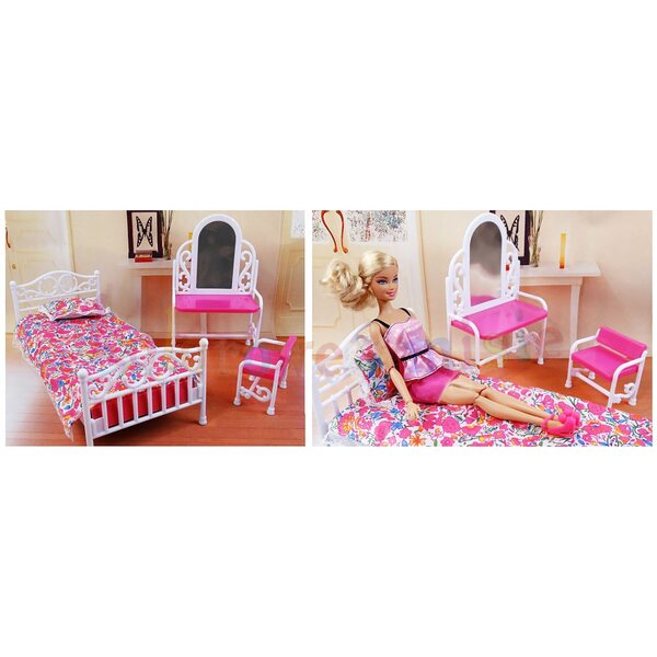 Deco Mariage Puppenmöbel-Set, Wohnzimmer und Schminktisch mit Bett und Spiegel