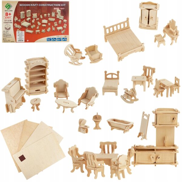 3D-Holzmöbel für ein Puppenhaus, Set mit 34 Elementen, DIY-Dekoration