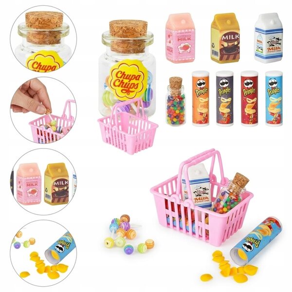 Mini-Lebensmittelset für Puppenhaus-Chips, Bonbons, Milch im Maßstab 1:12