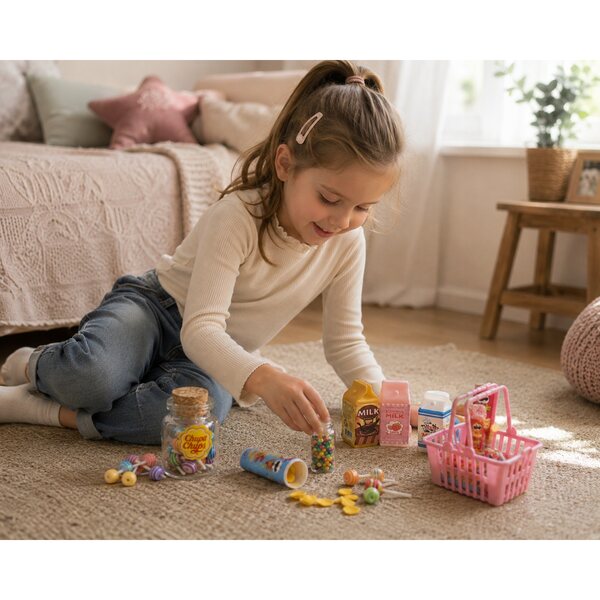 Mini-Lebensmittelset für Puppenhaus-Chips, Bonbons, Milch im Maßstab 1:12