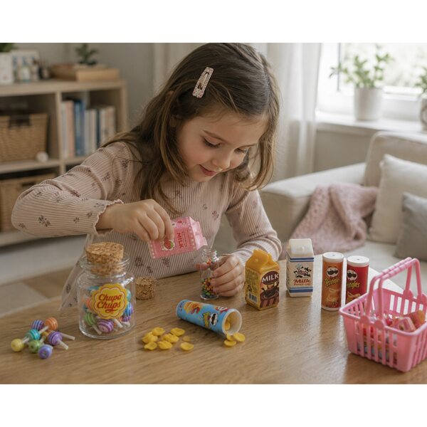 Mini-Lebensmittelset für Puppenhaus-Chips, Bonbons, Milch im Maßstab 1:12