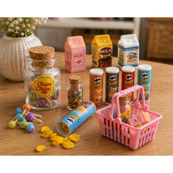 Mini-Lebensmittelset für Puppenhaus-Chips, Bonbons, Milch im Maßstab 1:12