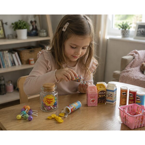 Mini-Lebensmittelset für Puppenhaus-Chips, Bonbons, Milch im Maßstab 1:12