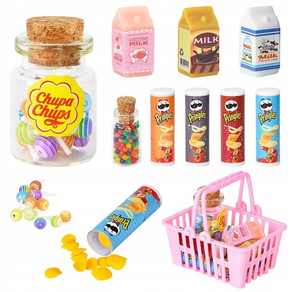 Mini-Lebensmittelset für Puppenhaus-Chips, Bonbons, Milch im Maßstab 1:12