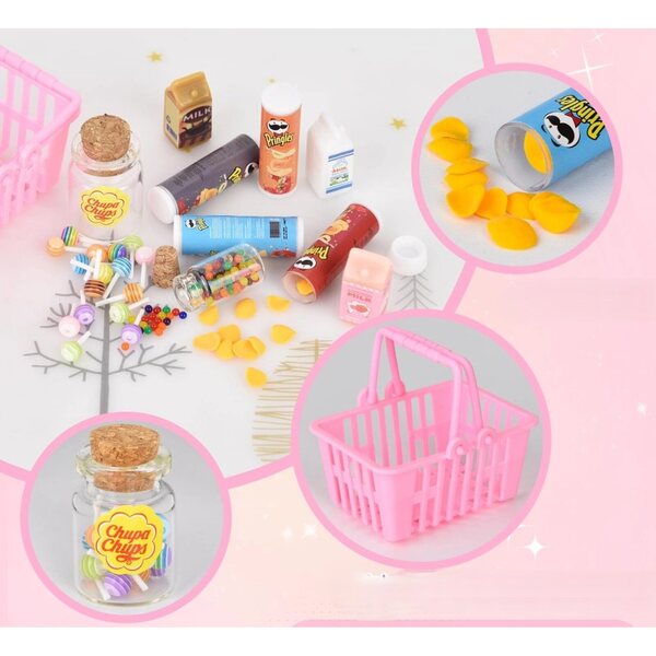 Mini-Lebensmittelset für Puppenhaus-Chips, Bonbons, Milch im Maßstab 1:12