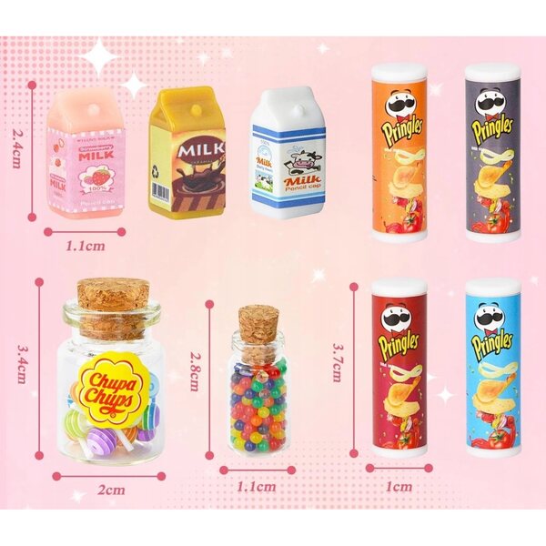 Mini-Lebensmittelset für Puppenhaus-Chips, Bonbons, Milch im Maßstab 1:12