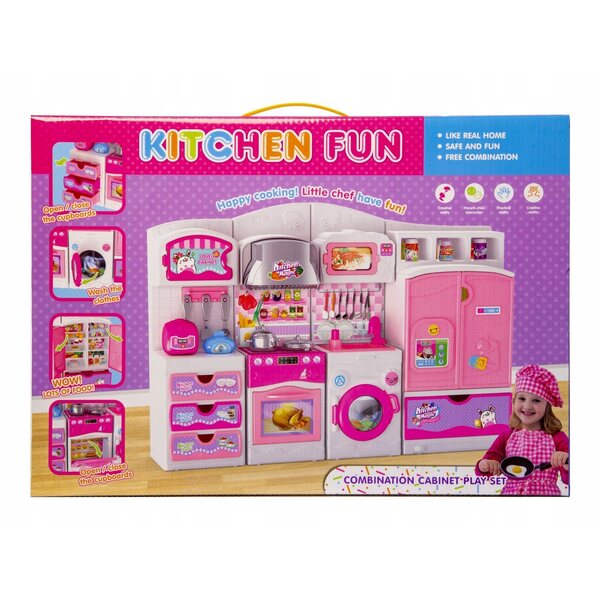 Rosa Spielzeugküchenset mit modularen Möbeln und Zubehör für Puppen