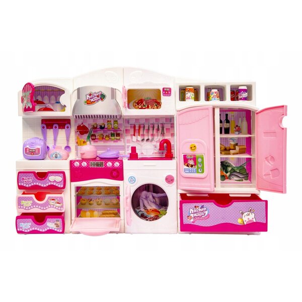 Rosa Spielzeugküchenset mit modularen Möbeln und Zubehör für Puppen