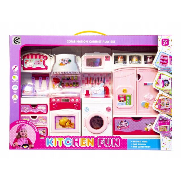 Rosa Spielzeugküchenset mit modularen Möbeln und Zubehör für Puppen