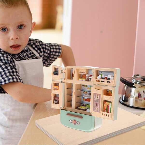 Mini frigorifero giocattolo con set di cibo per casa delle bambole colorato