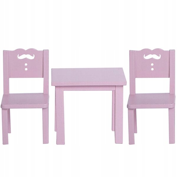 Pink mini dukkeværelsessæt i træ: bord og 2 robuste stole