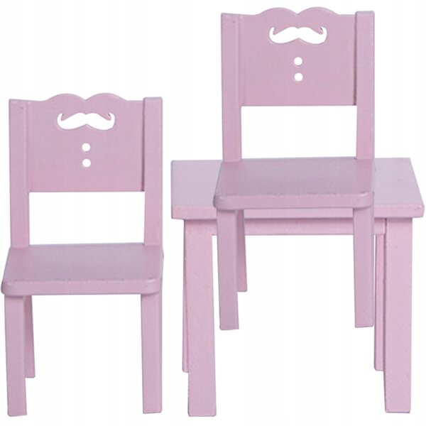 Set mini camere per bambole in legno rosa: tavolo e 2 sedie resistenti