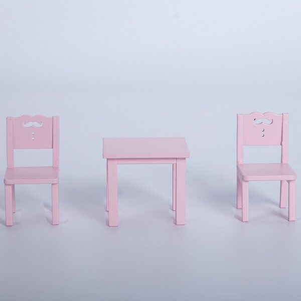 Set mini camere per bambole in legno rosa: tavolo e 2 sedie resistenti