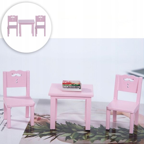 Set mini camere per bambole in legno rosa: tavolo e 2 sedie resistenti