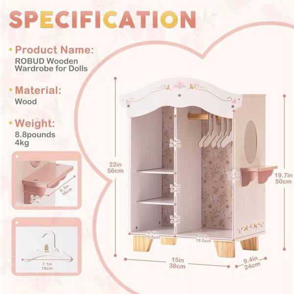 Armadio in legno per bambole ROBUD con specchio e 5 grucce per bambini 3+