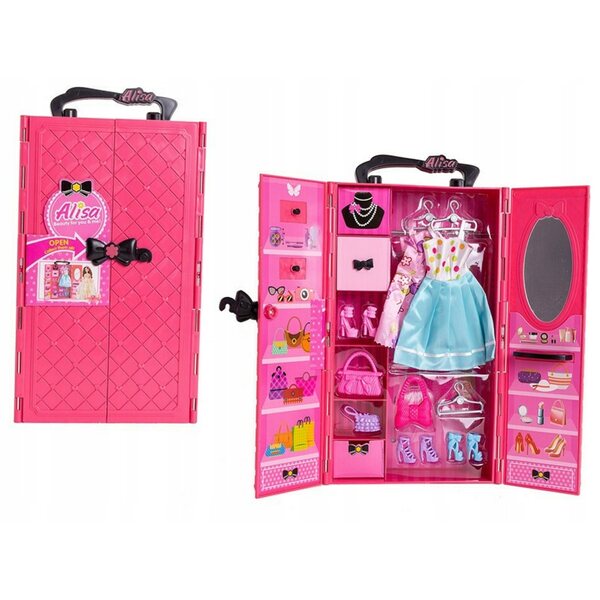 Garderoba per bambole Askato con abiti e accessori moda, 29 cm
