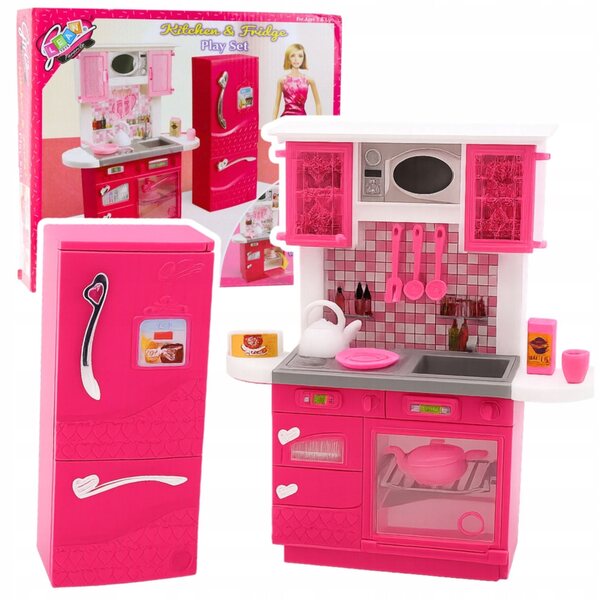 Set Cucina per Bambole con Frigorifero, Forno e Accessori Rosa per Bambole 29 cm