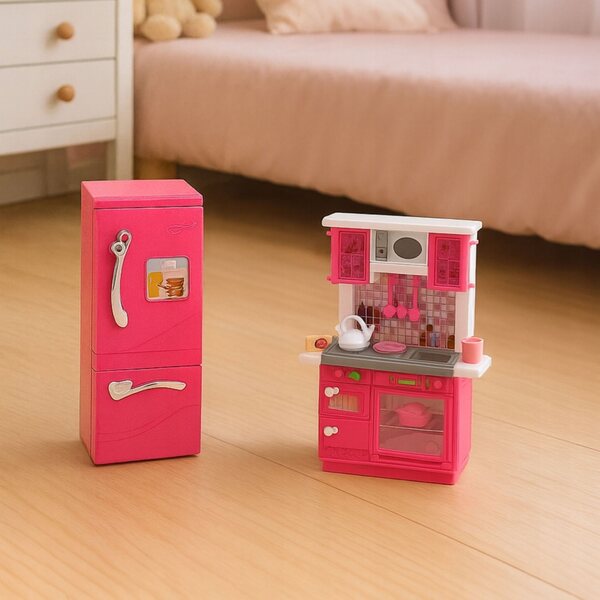 Set Cucina per Bambole con Frigorifero, Forno e Accessori Rosa per Bambole 29 cm