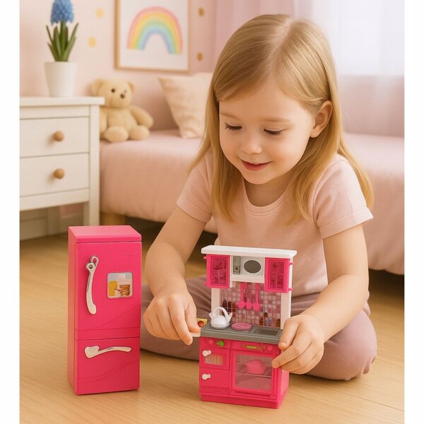 Set Cucina per Bambole con Frigorifero, Forno e Accessori Rosa per Bambole 29 cm
