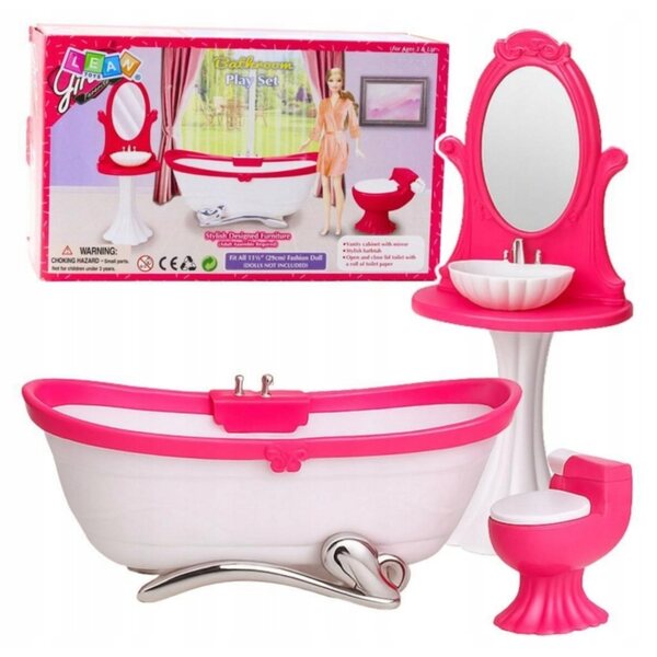 Set bagno per bambole con vasca, water e lavabo con specchio 29 cm