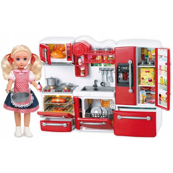 Кухненски комплект Dolls с интерактивни мебели и пълни аксесоари Червен