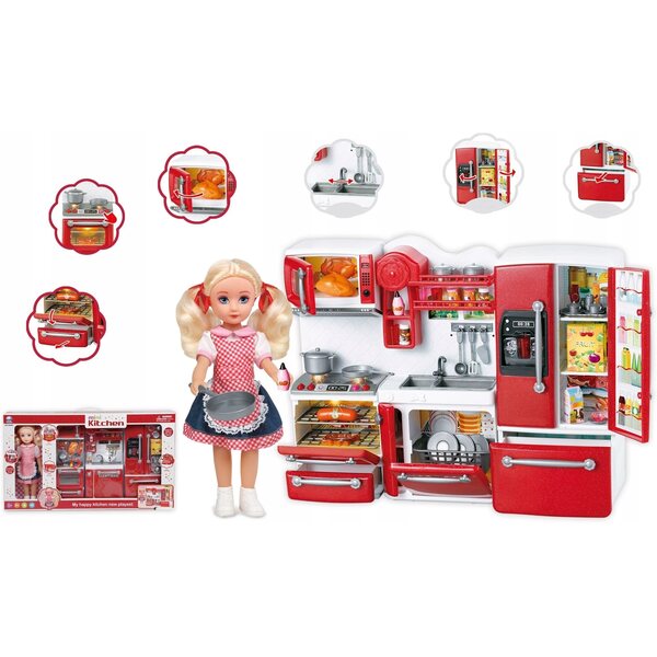 Кухненски комплект Dolls с интерактивни мебели и пълни аксесоари Червен