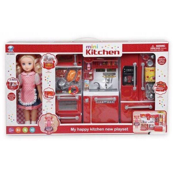 Кухненски комплект Dolls с интерактивни мебели и пълни аксесоари Червен