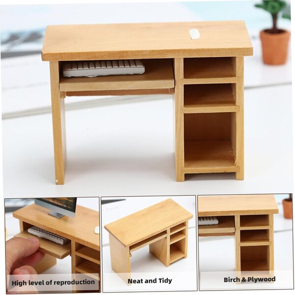 Miniatur-Computertisch aus Holz im Maßstab 1:12 für ein Vintage-Puppenhaus