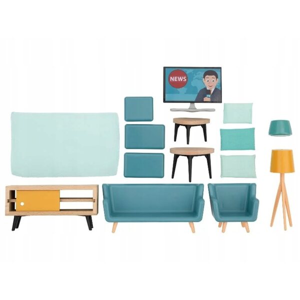 Holzmöbel-Set für Lupilu Puppenhaus-Wohnzimmer, 15-teilig