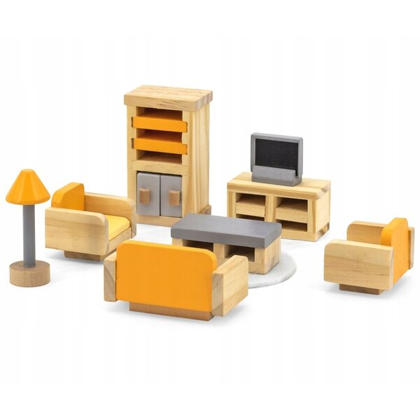 Viga PolarB Holzmöbelset für ein Puppenhaus, Wohnzimmer mit TV